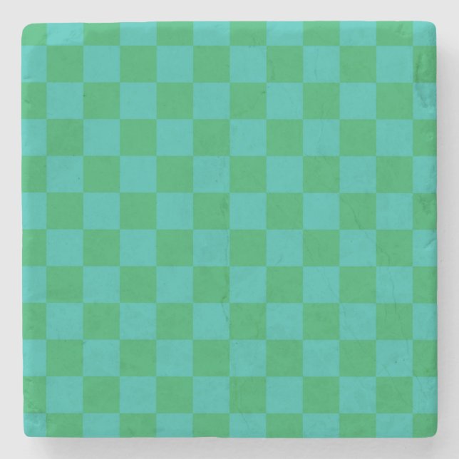 Green Blue Chequered Gingham Pattern Stone Coaster (Front)