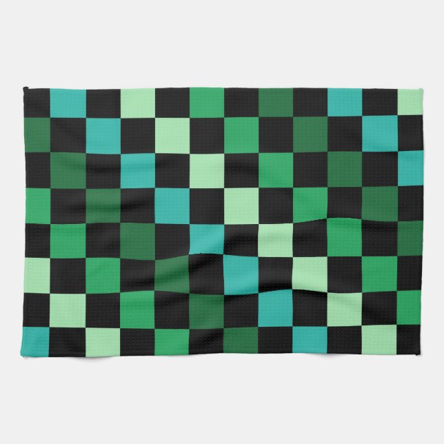 Green Blue Chequered Gingham Pattern Tea Towel (Horizontal)
