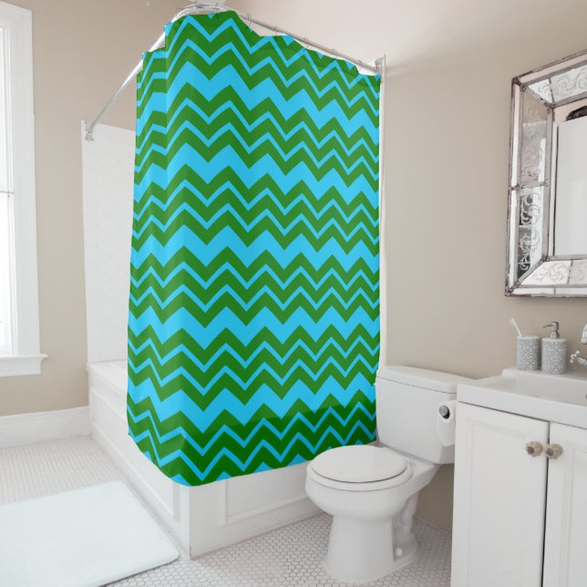 Green Blue Chevron Zigzag Design  Shower Curtain (In Situ)