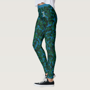 Green-Blue Chic Camouflage Pattern Custom Monogram Leggings