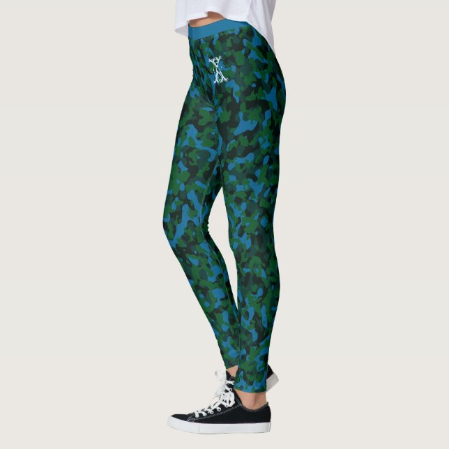 Green-Blue Chic Camouflage Pattern Custom Monogram Leggings (Left)