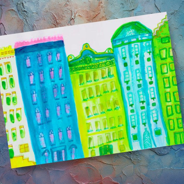 Green Blue Cityscape Apartments New York Street Postcard (Colorful watercolor cityscape apartment office buildings custom postcard)
