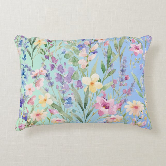 Green Blue Colourful Flowers Decorative Cushion (Front)
