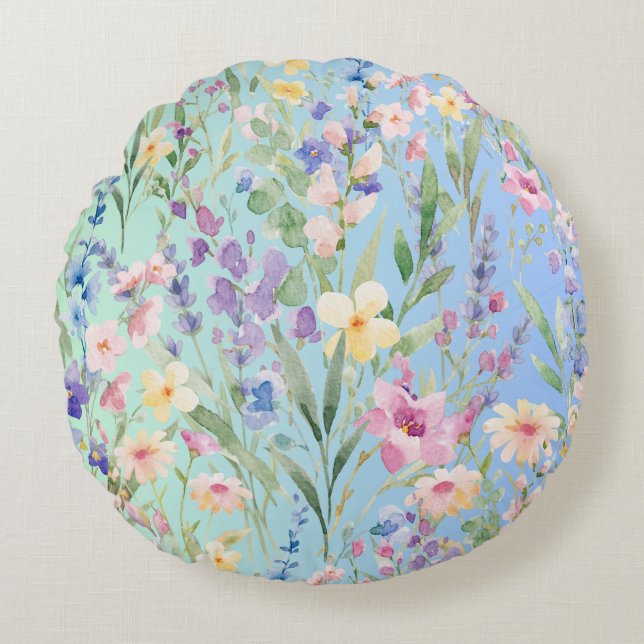 Green Blue Colourful Flowers Round Cushion (Front)