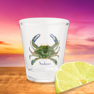 Green Blue Crab  Nautical Coastal   Shot Glass
