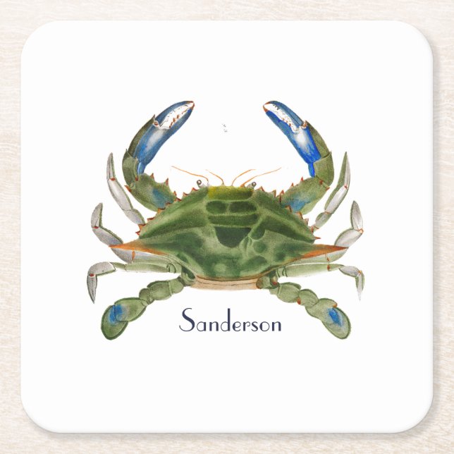 Green Blue Crab  Nautical Coastal   Shot Glass Square Paper Coaster (Front)