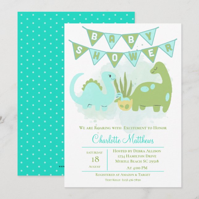 Green Blue Cute  Dinosaur Mum and Baby Shower Invitation (Front/Back)