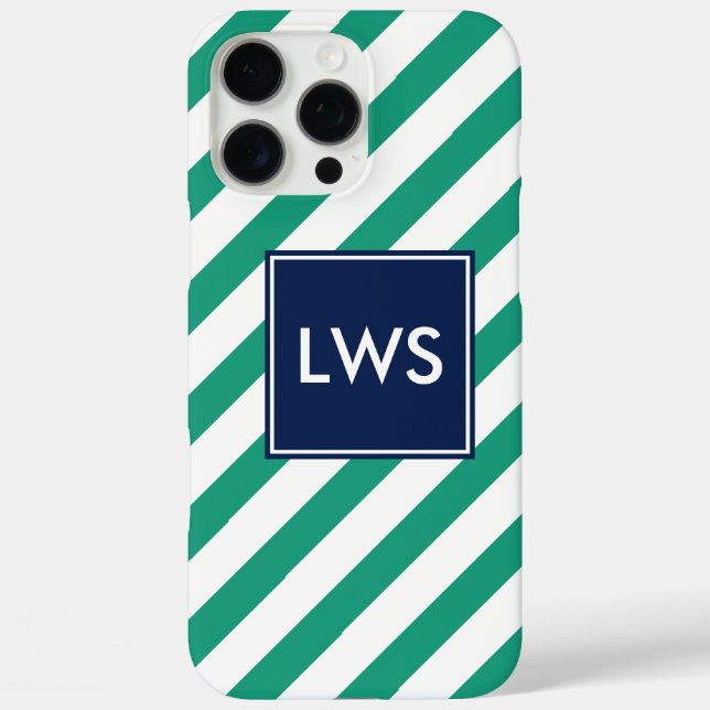 Green Blue Diagonal Stripes Monogram Case-Mate iPhone Case (Back)