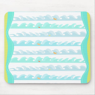 Green & Blue Digital Ocean Waves and Little Fish Mouse Pad