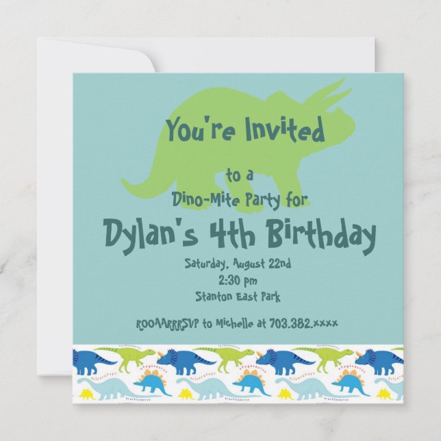 Green & Blue Dinosaur Birthday Party Invitations (Front)