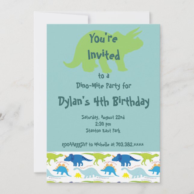 Green & Blue Dinosaur Birthday Party Invitations (Front)
