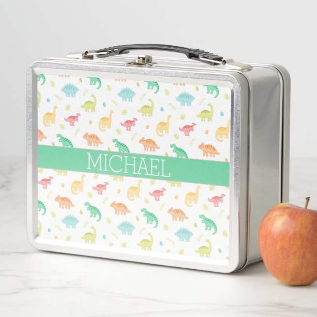 Green Blue Dinosaur Pattern Custom Name Metal Lunch Box (In Situ)