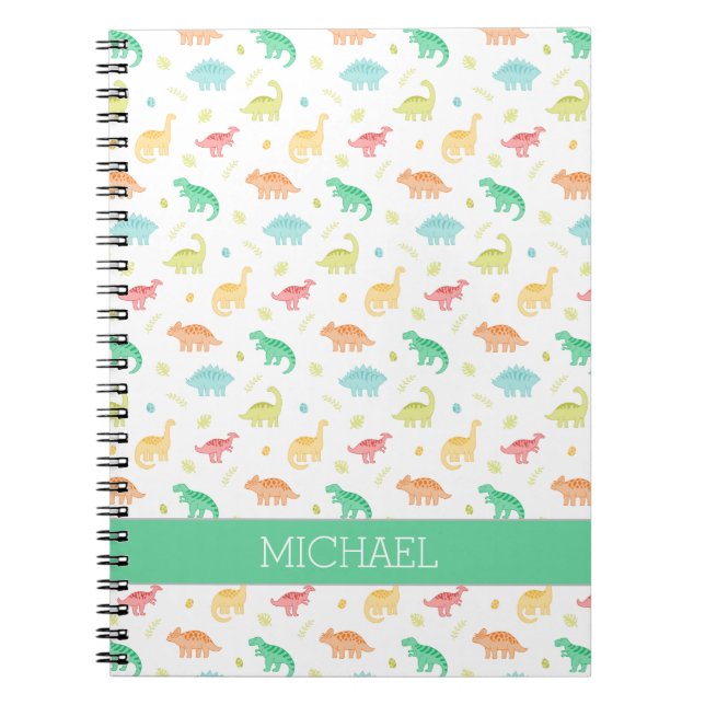Green Blue Dinosaur Pattern Custom Name Notebook (Front)
