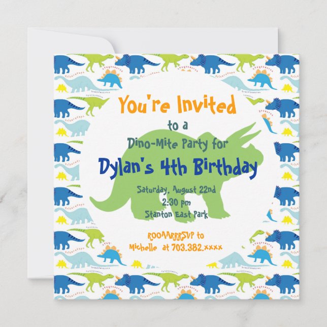 Green & Blue Dinosaurs Birthday Party Invitations (Front)