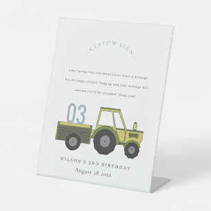 Green Blue Farm Tractor Kids Birthday Custom Party Pedestal Sign