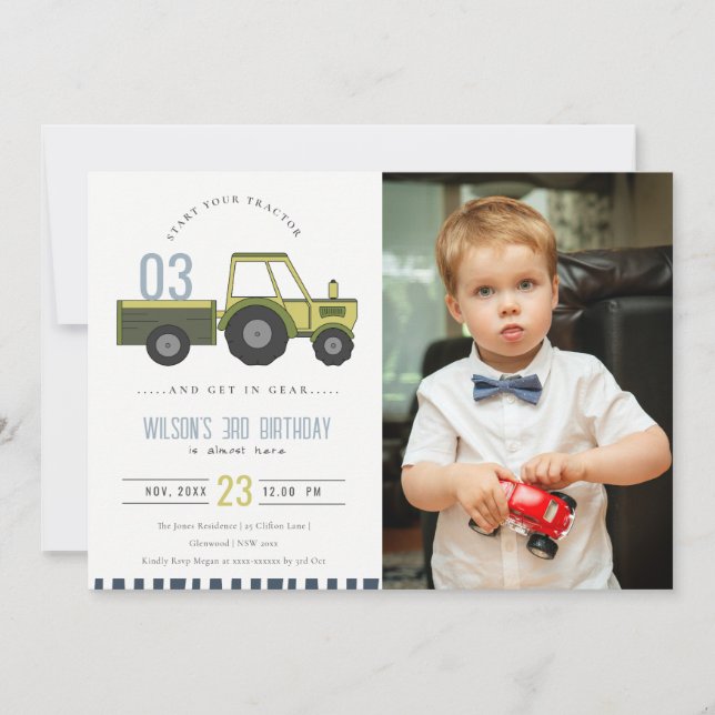 Green Blue Farm Tractor Kids Photo Birthday Invite (Front)