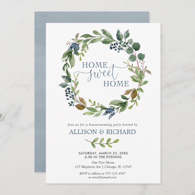 Green blue floral wreath rustic housewarming invitation (Front/Back)