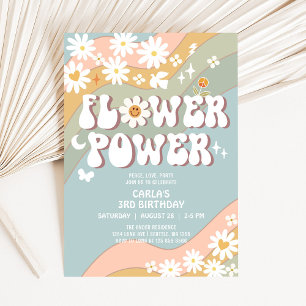 Green Blue Flower Power Hippie 70s Retro Birthday Invitation