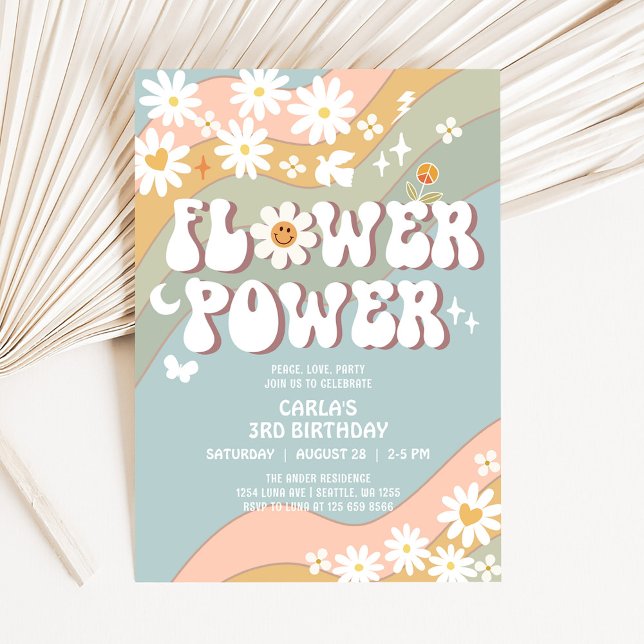 Green Blue Flower Power Hippie 70s Retro Birthday Invitation (Creator Uploaded)