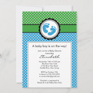 Green Blue Footprint Boy Baby Shower Invitation