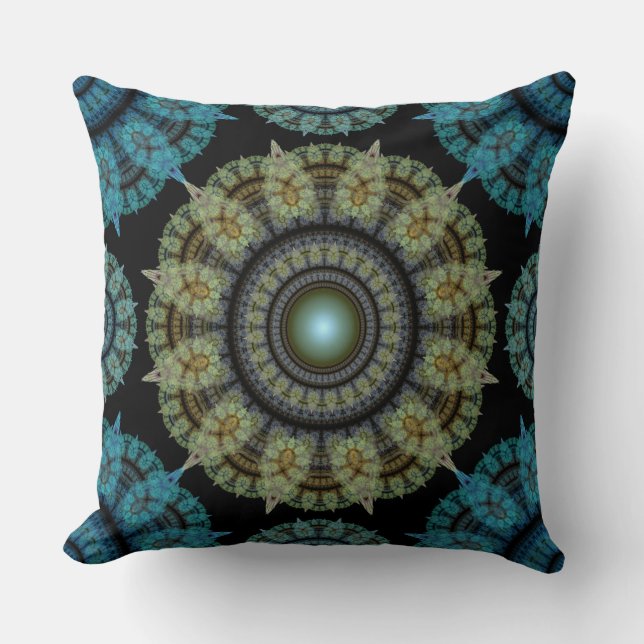 Green blue fractal sacred pattern cushion (Front)