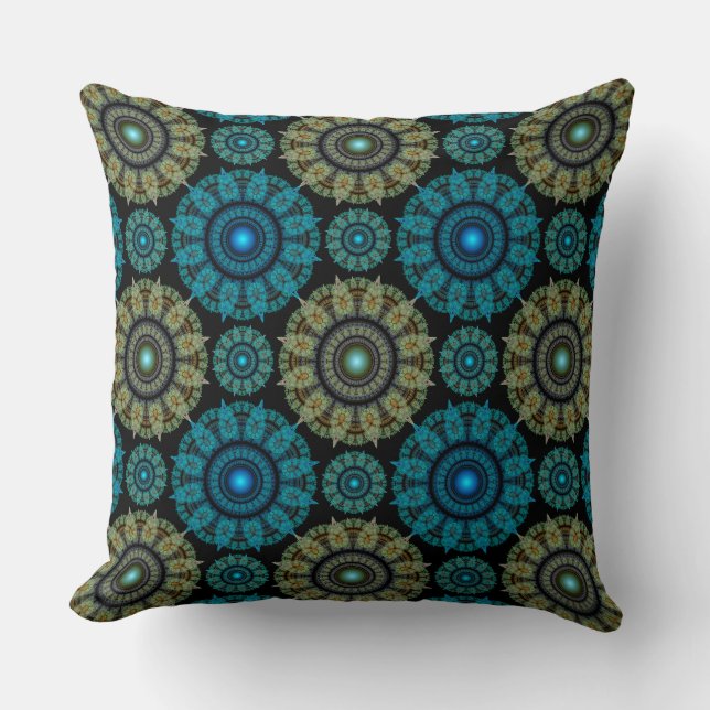 Green blue fractal sacred pattern cushion (Front)