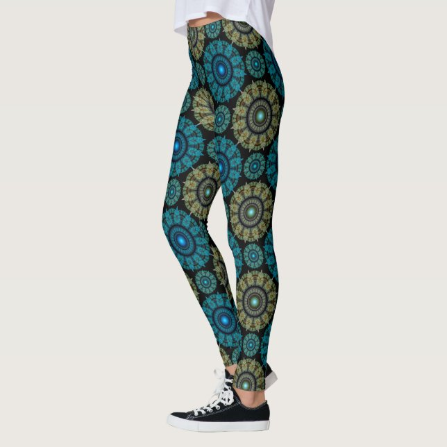 Green blue fractal sacred pattern  leggings (Left)
