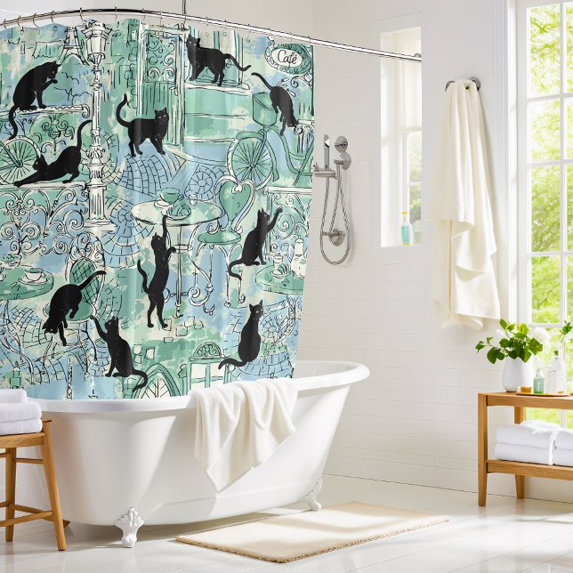 Green Blue French Cat Paris Cafe Shower Curtain (Creator Uploaded)