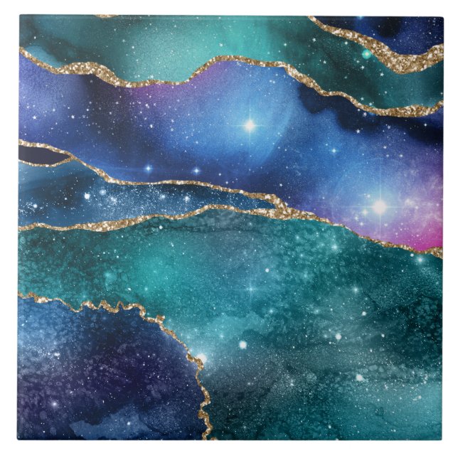 Green blue geode galaxy faux golden modern ceramic tile (Front)