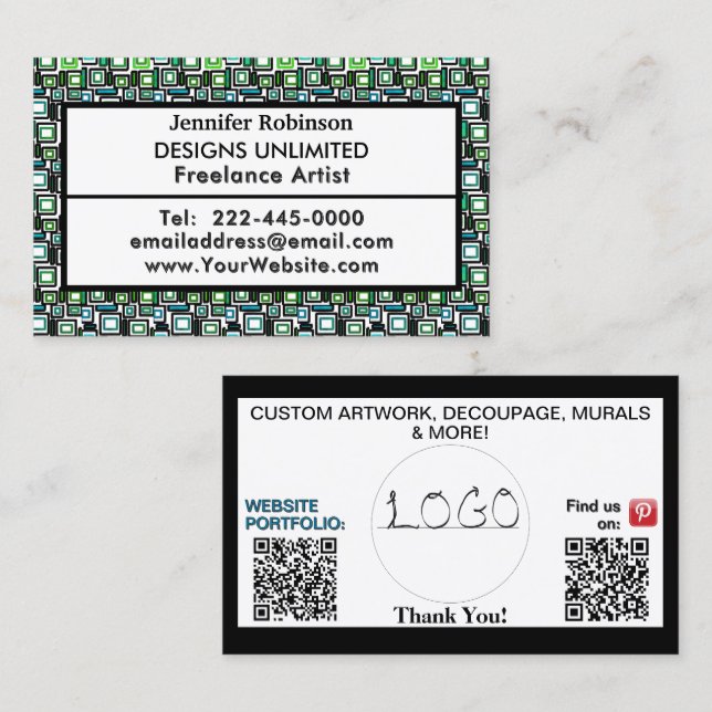 Green Blue Geometric Blocks QR Code Logo  Business Card (Front/Back)