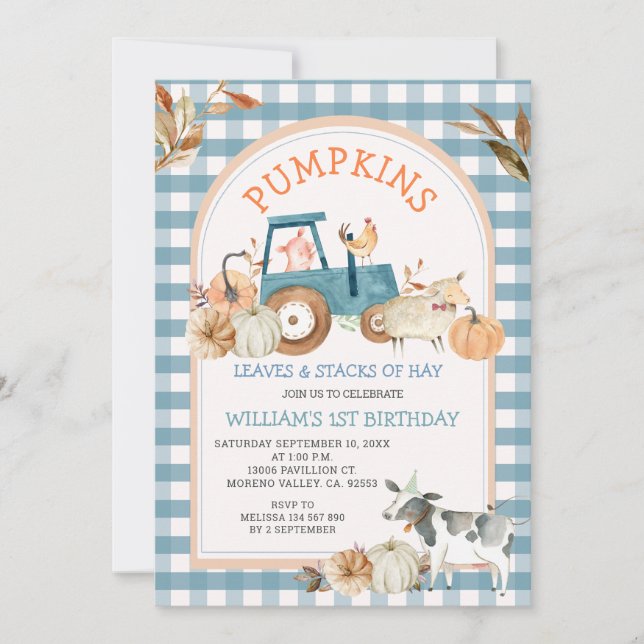 Green Blue Gingham Pumpkins Farm Animal Birthday Invitation (Front)