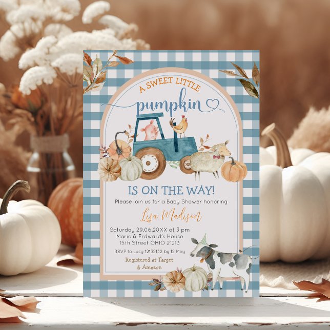 Green Blue Gingham Sweet Pumpkin Fall Baby Shower Invitation (Creator Uploaded)