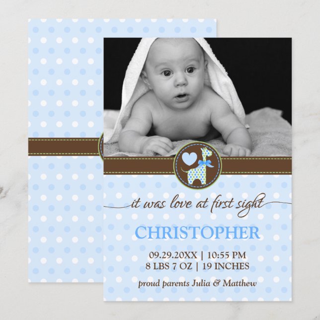 Green Blue Giraffe Baby Photo Birth Announcement (Front/Back)