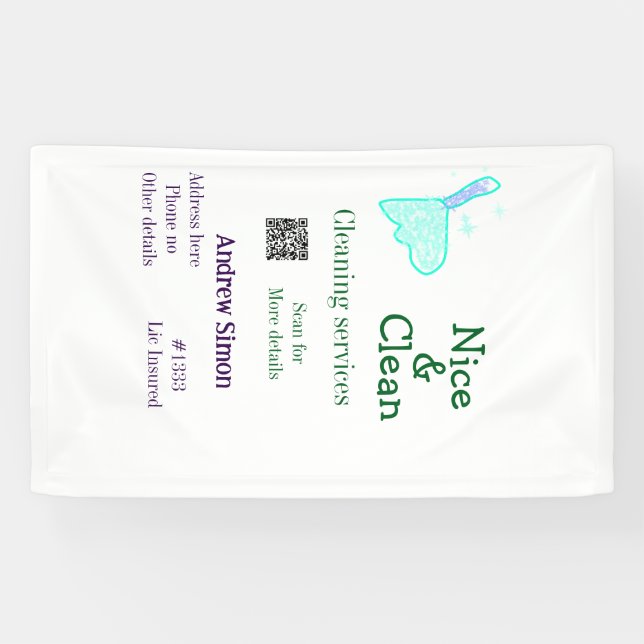 Green blue gitter clean mop add name address q r b banner (Horizontal)