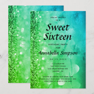 Green Blue Glitter Sweet Sixteen 16th Birthday Invitation