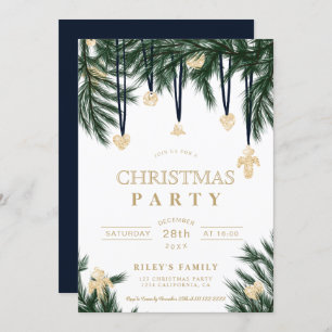 Green blue gold Christmas pine branches glitter Invitation