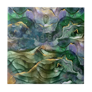 Green blue gold ink abstract ceramic tile
