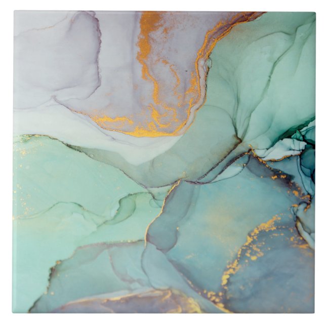 Green Blue Gold Marble Pretty Ceramic Tile (Front)