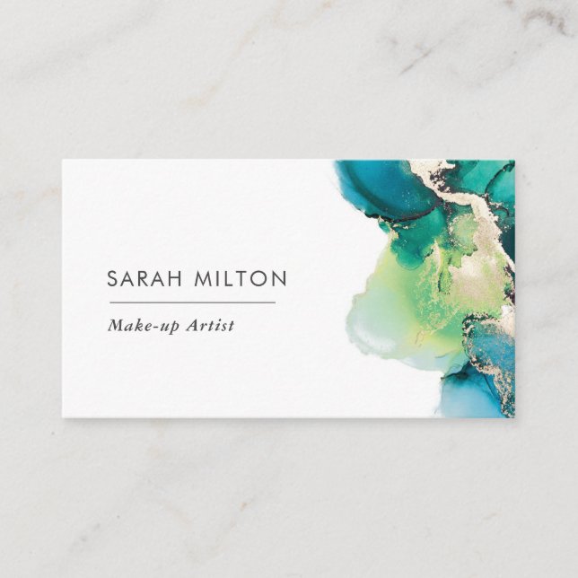 Green blue gold watercolor ink business card (Front)