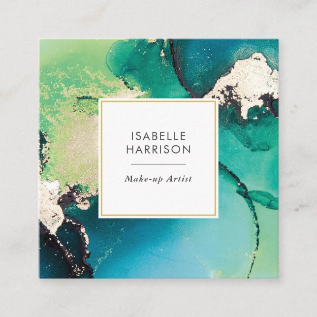 Green blue gold watercolor ink business card (Front)