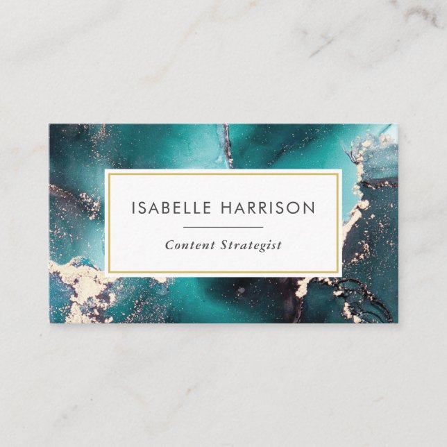 Green blue gold watercolor ink business card (Front)