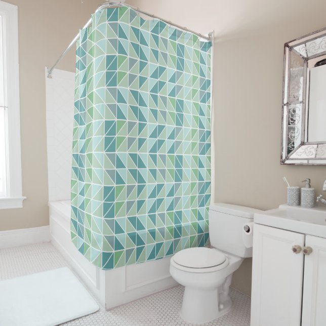 Green Blue Grey Abstract Triangle Shower Curtain (In Situ)