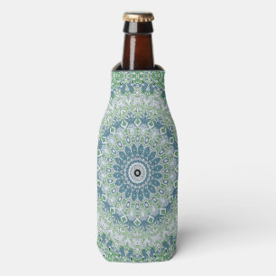 Green Blue Grey Coastal Mandala Kaleidoscope Bottle Cooler