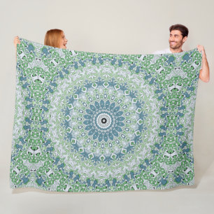 Green Blue Grey Coastal Mandala Kaleidoscope Fleece Blanket