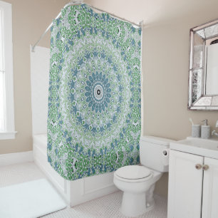 Green Blue Grey Coastal Mandala Kaleidoscope Shower Curtain