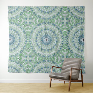 Green Blue Grey Coastal Mandala Kaleidoscope Tapestry