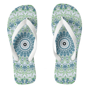Green Blue Grey Coastal Mandala Kaleidoscope Thongs