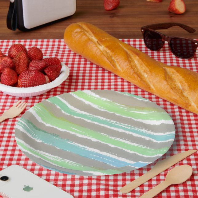Green Blue Grey White Watercolor Stripes Paper Plate (Picnic)