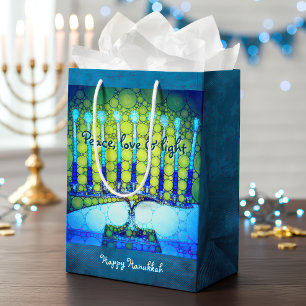 Green Blue Hanukkah Menorah Peace Love Light Medium Gift Bag