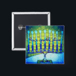 Green Blue Hanukkah Menorah Peace Sparkle Shine 15 Cm Square Badge<br><div class="desc">“Peace, sparkle, shine.” A close-up photo of a bright, colorful, blue and green artsy menorah helps you usher in the holiday of Hanukkah in style. Feel the warmth and joy of the holiday season whenever you wear this chic, colorful Hanukkah button. Matching cards, postage, stickers, pillows, housewares, totebags, and other...</div>